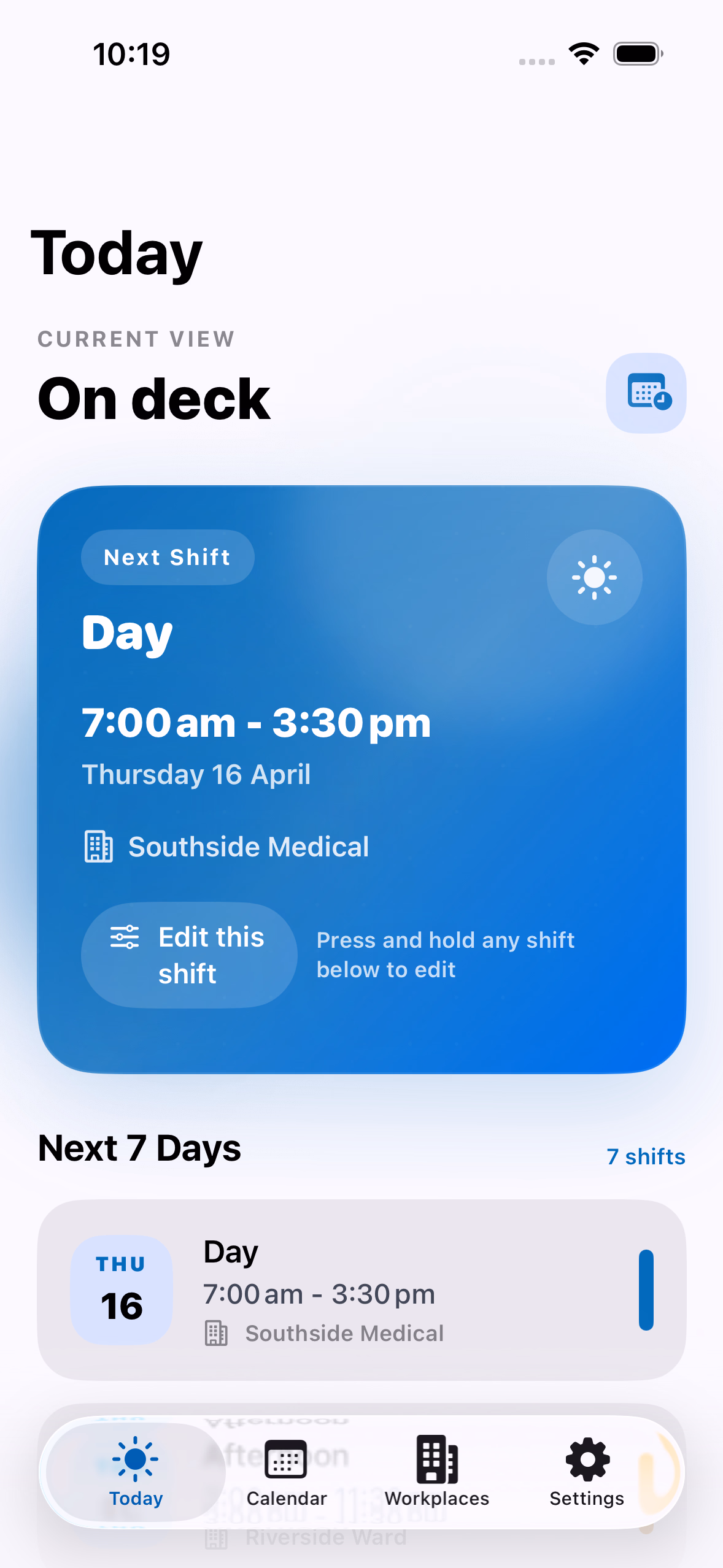 RosterEase Today view showing the next shift card, workplace, and upcoming shifts.
