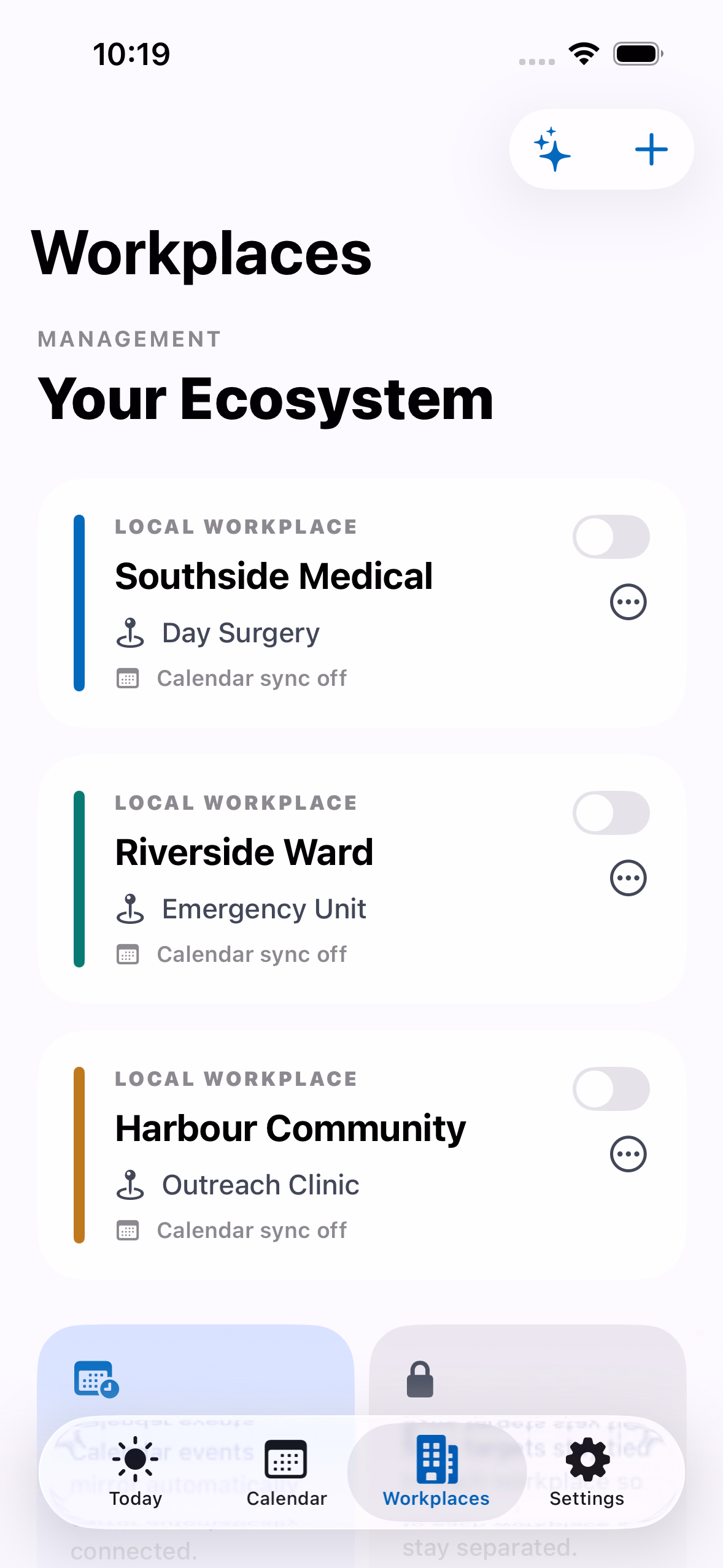 RosterEase workplaces view showing multiple workplace cards and sync status.