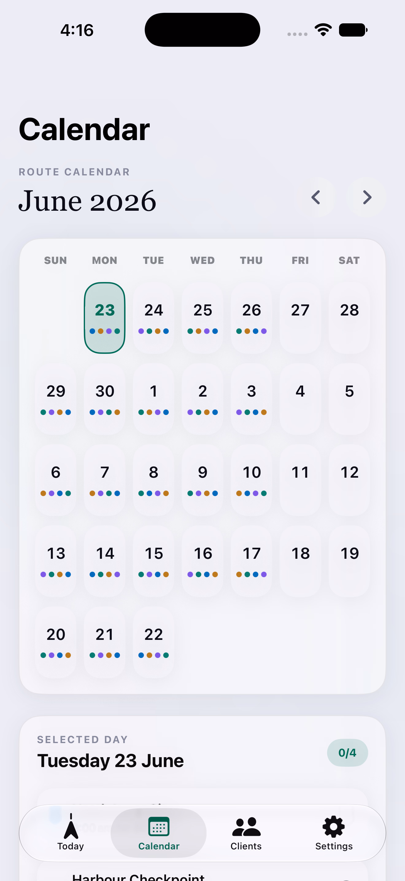 RosterEase Field Worker Calendar screen showing route days and scheduled visits.