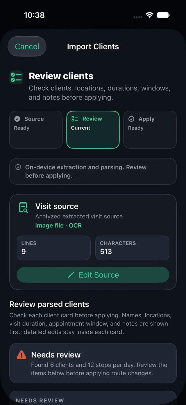 Field Worker import review with extracted client details.