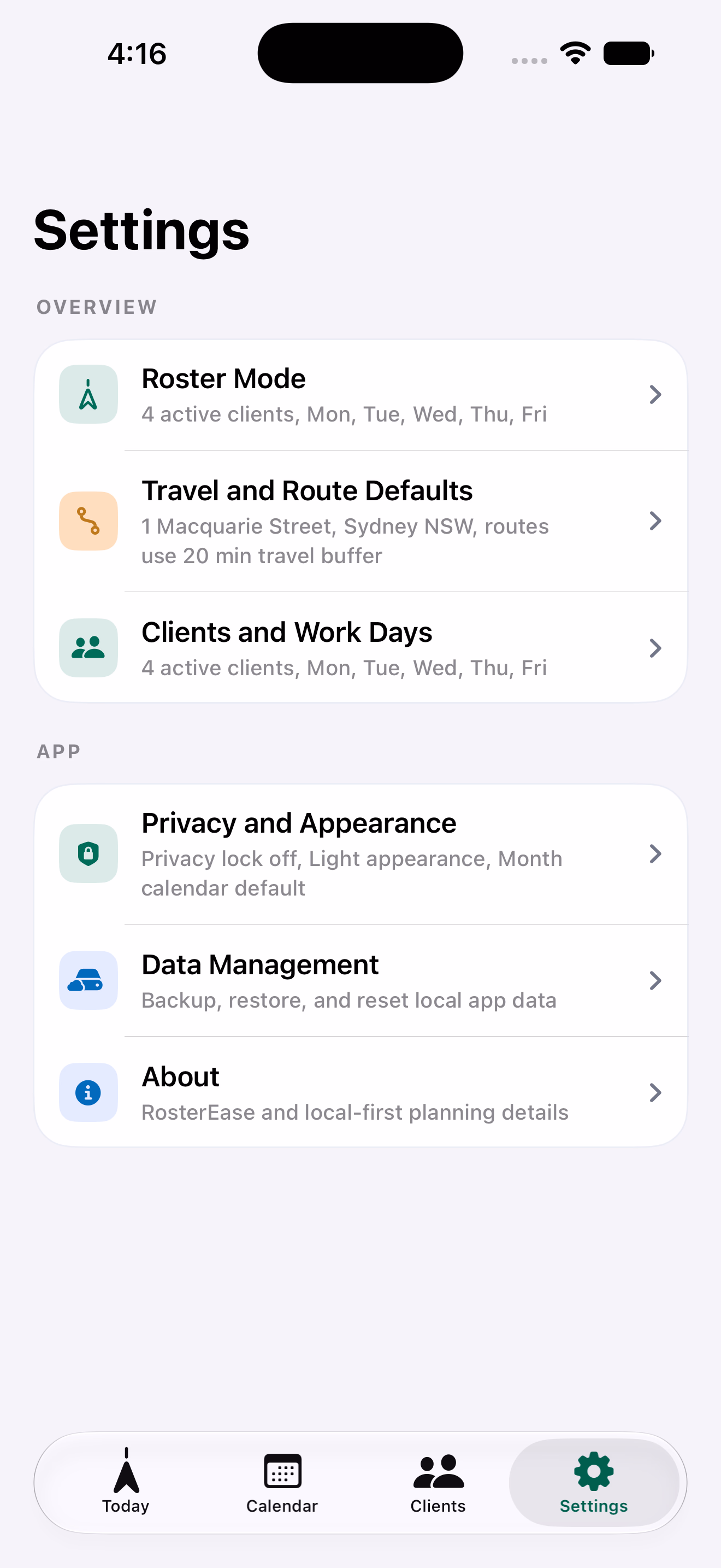 RosterEase Field Worker settings screen showing travel defaults, clients, work days, privacy, and data management controls.