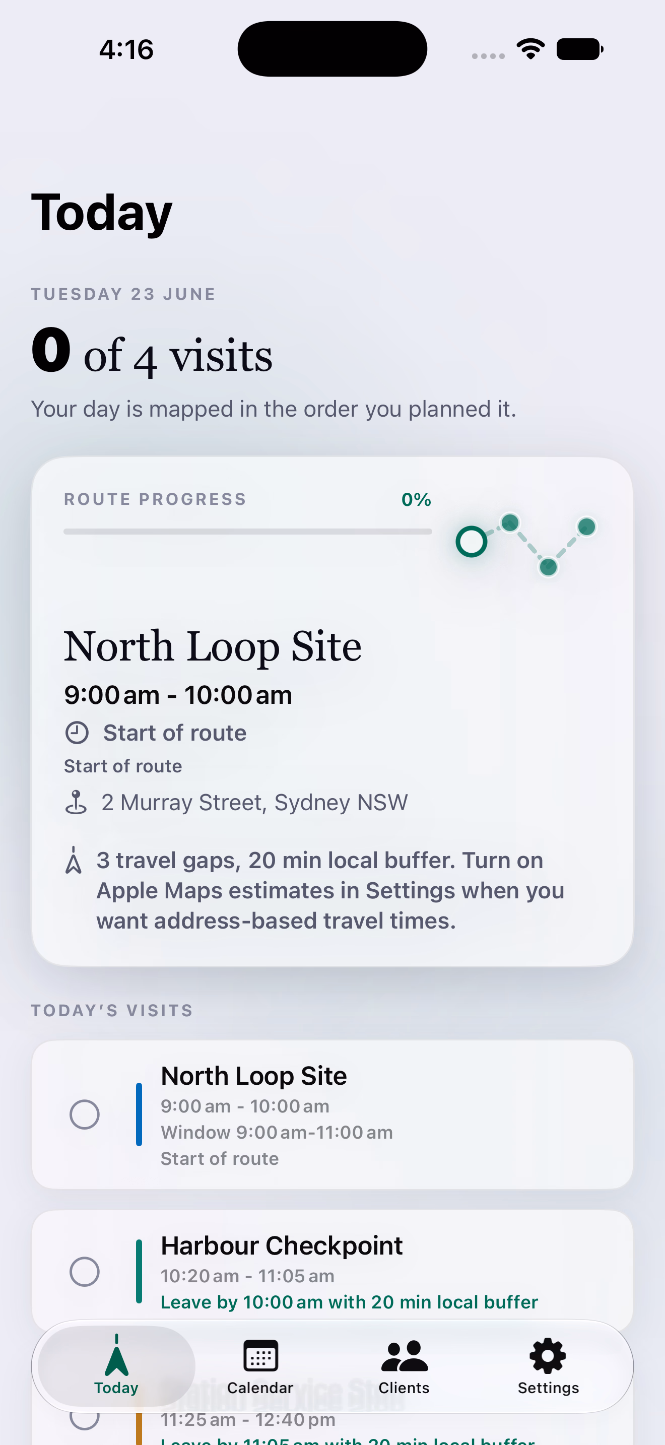RosterEase Field Worker Today screen showing visit progress, route timing, and client stops.