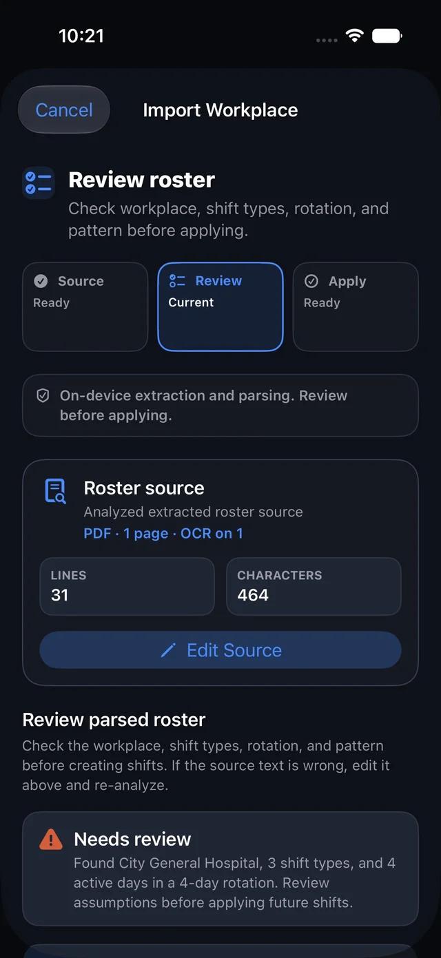 Shift Worker import review with extracted shift details.