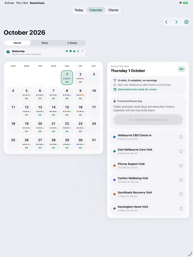 Field Worker Calendar on iPad with October visits and selected-day details.