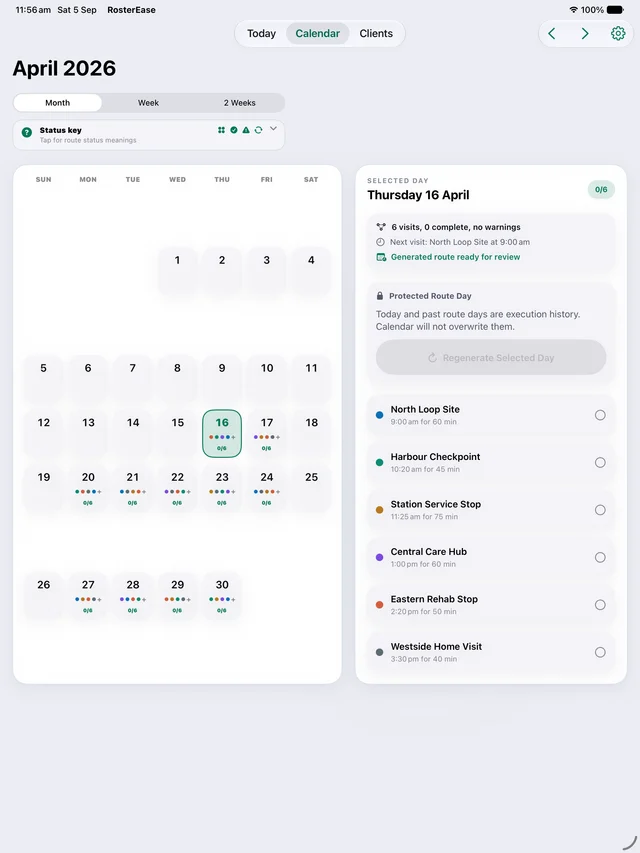 Field Worker Calendar on iPad with April visits and selected-day details.