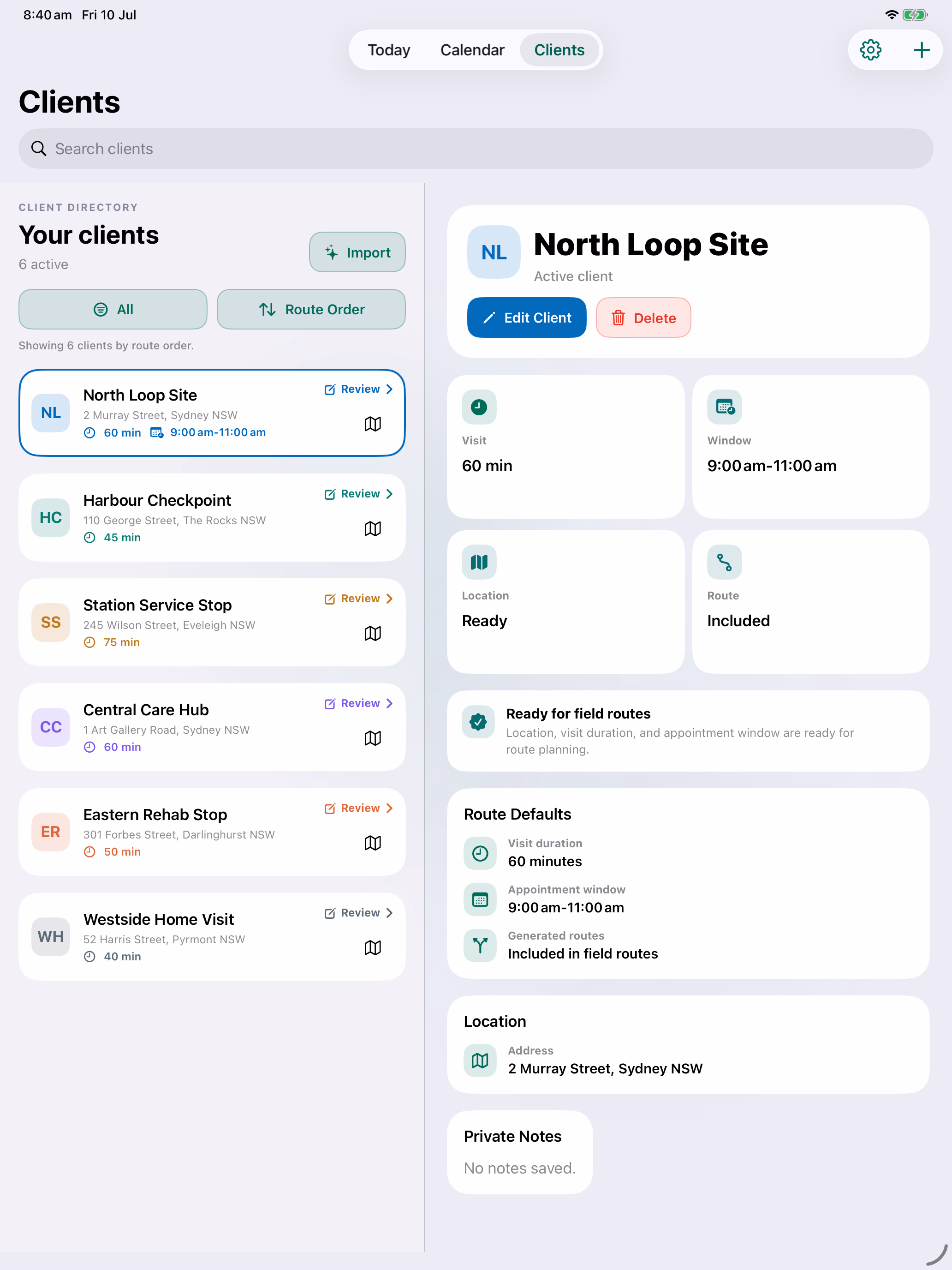 RosterEase client directory and selected client details shown side by side on iPad.