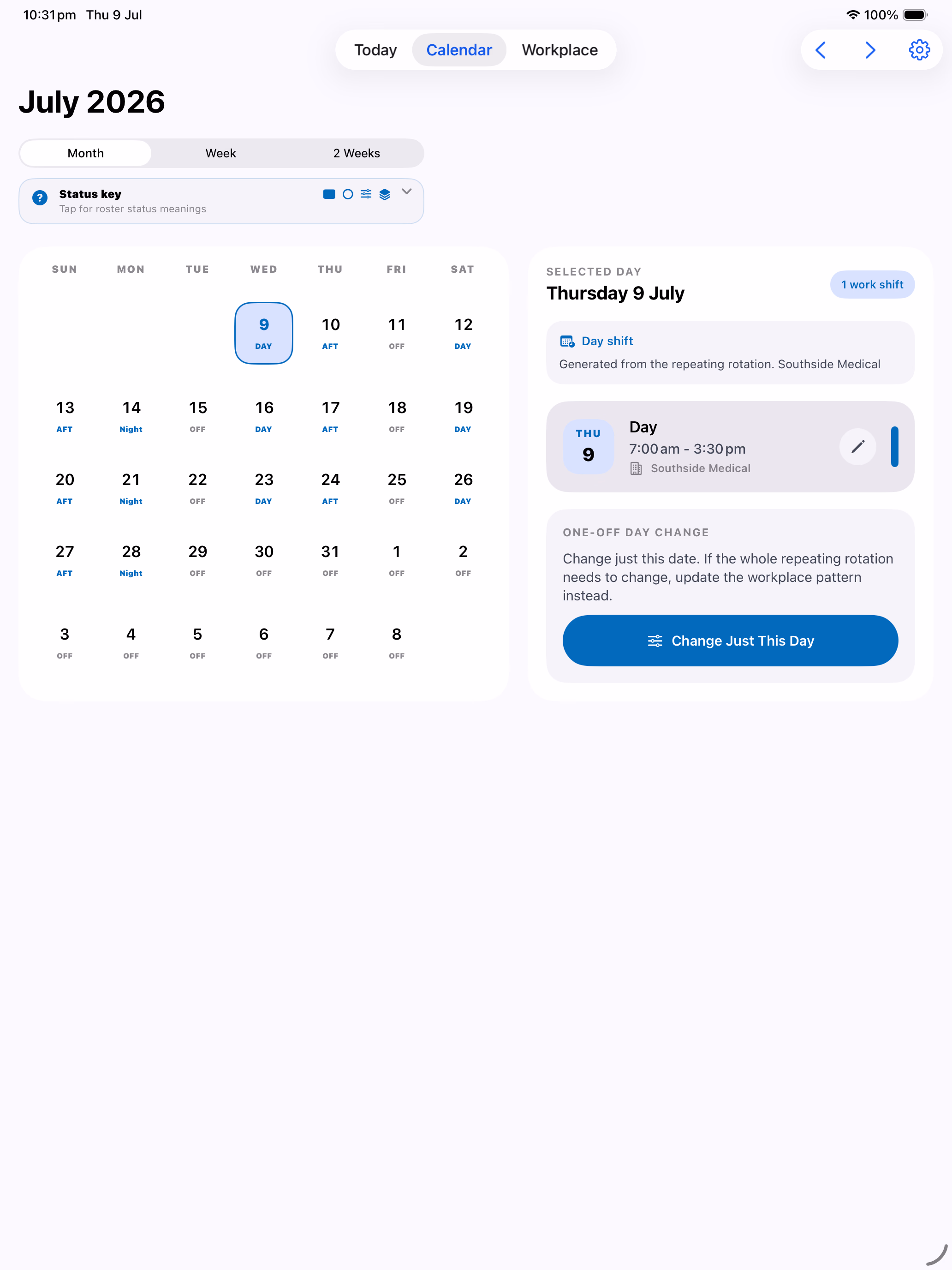 Shift Worker Calendar and selected day shown side by side on iPad.
