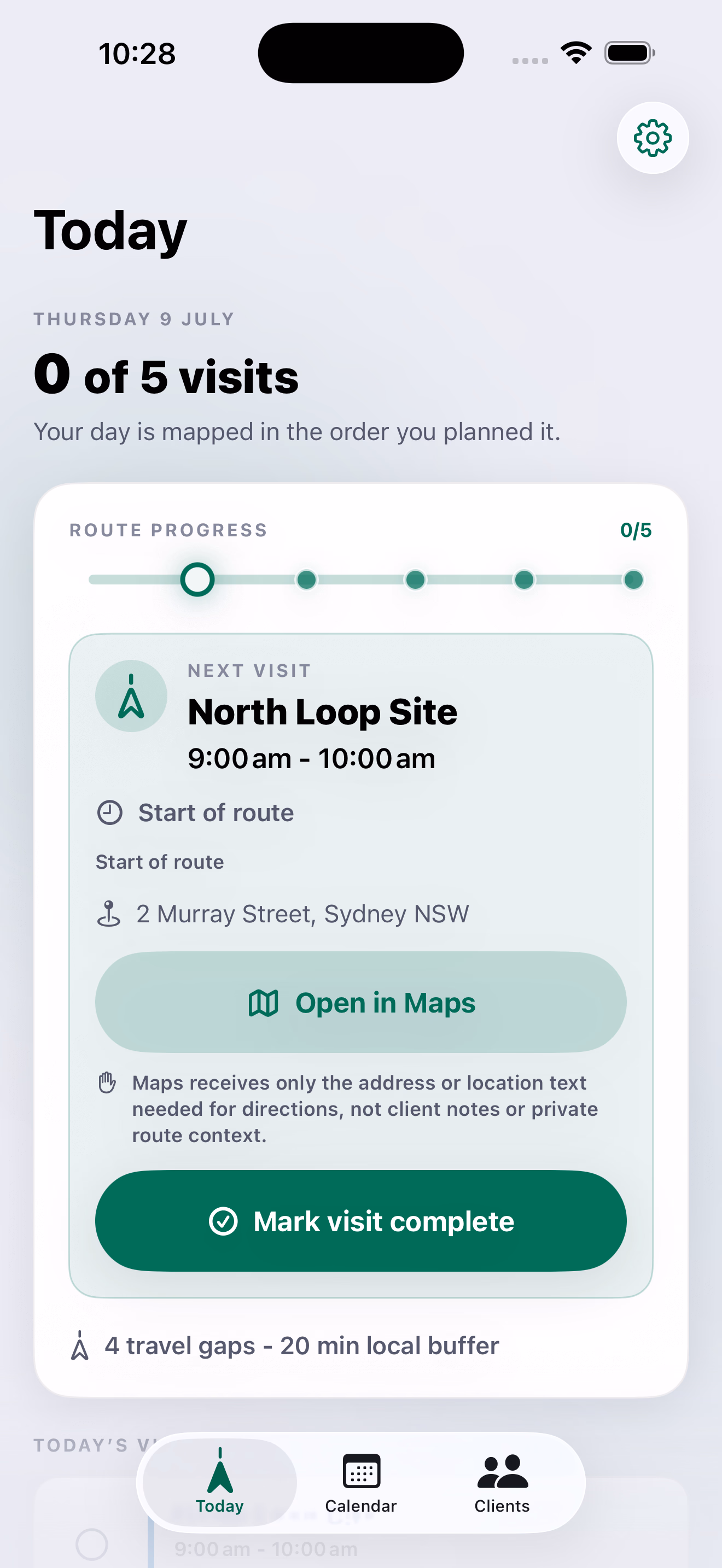 Field Worker Today showing route progress and the next visit on iPhone.