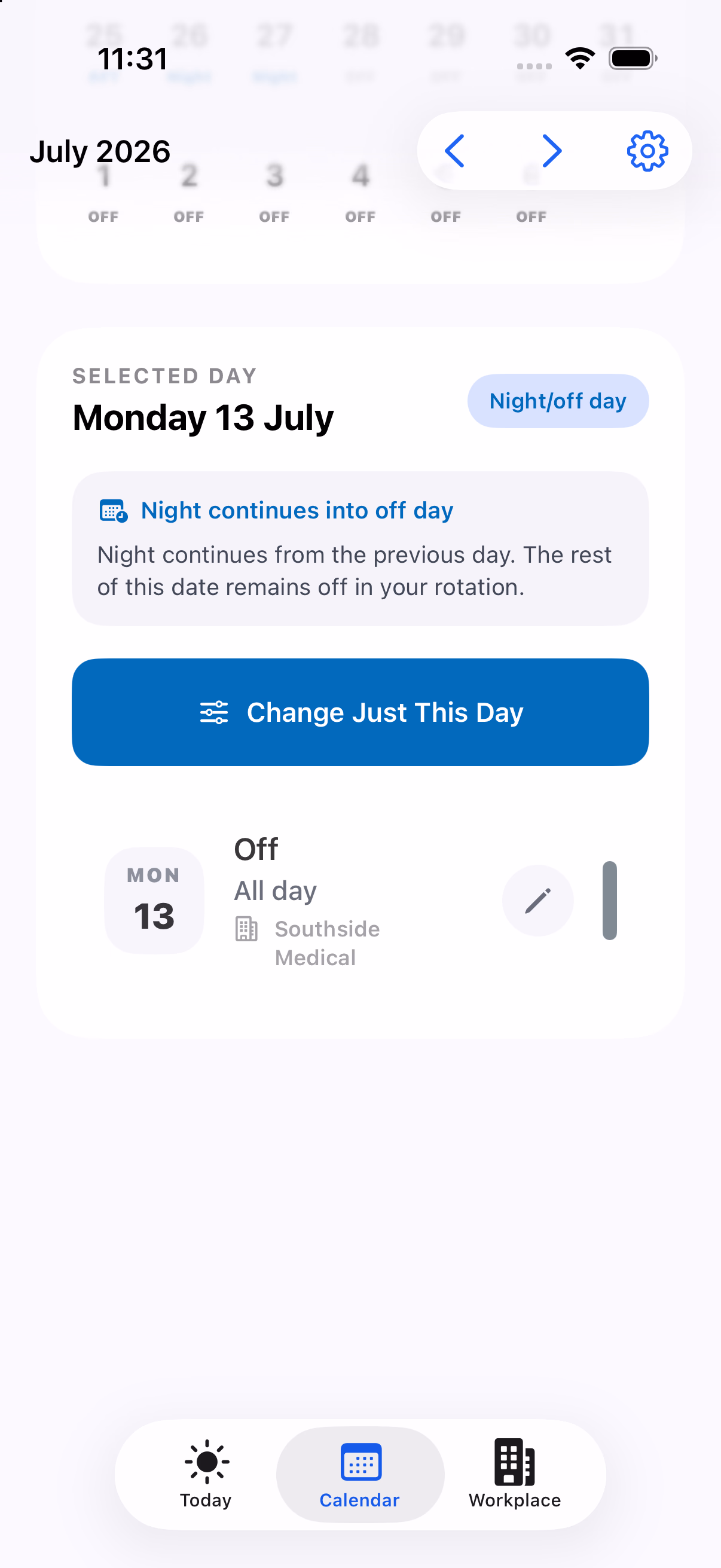 Shift Worker Calendar showing a monthly roster and selected day on iPhone.