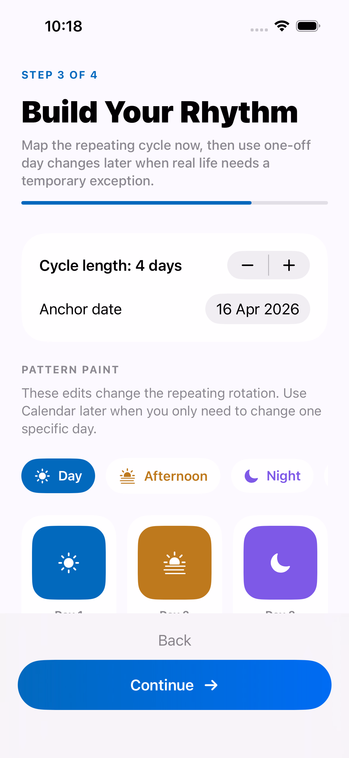RosterEase pattern builder showing cycle length, anchor date, and assigned shifts.