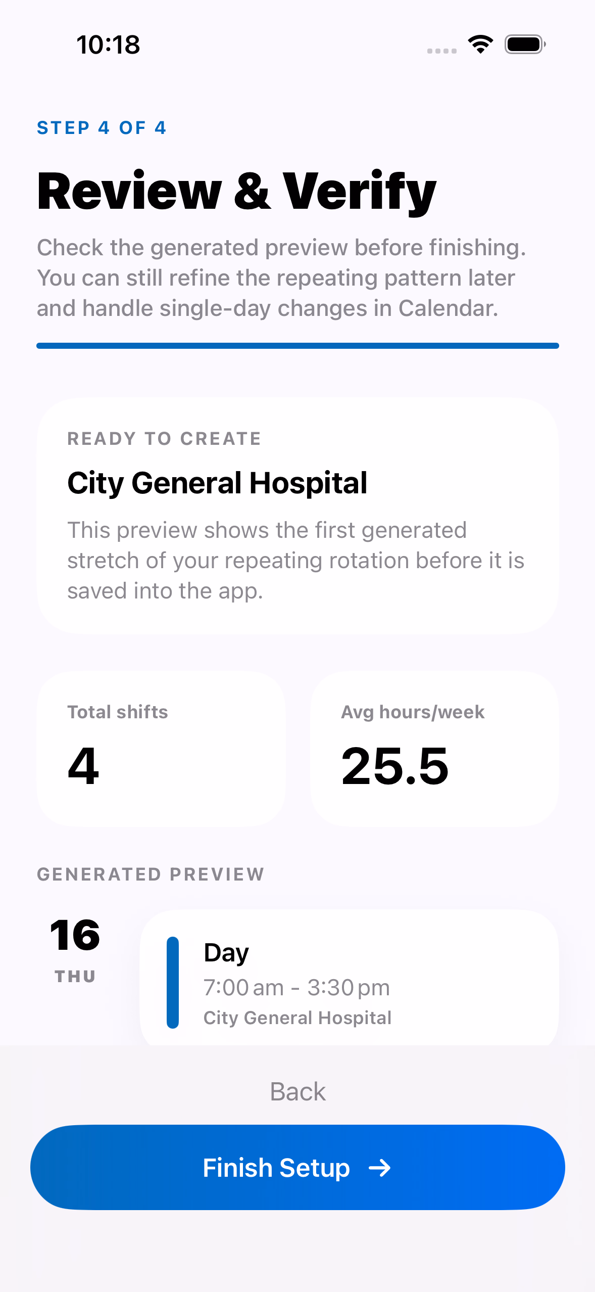 RosterEase onboarding review screen showing pattern summary, average weekly hours, and a schedule preview.