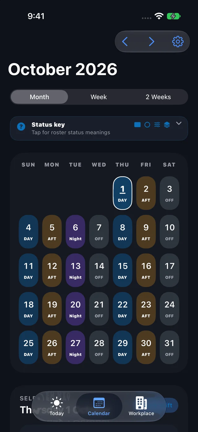 Shift Worker monthly calendar with rostered shifts.