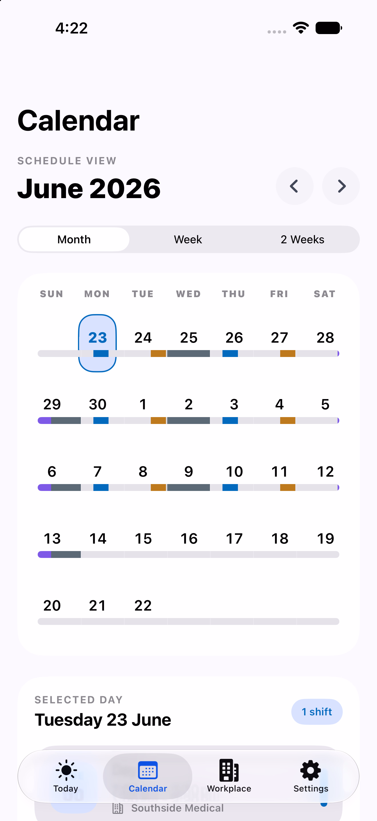 RosterEase Shift Worker Calendar screen showing a monthly roster overview.