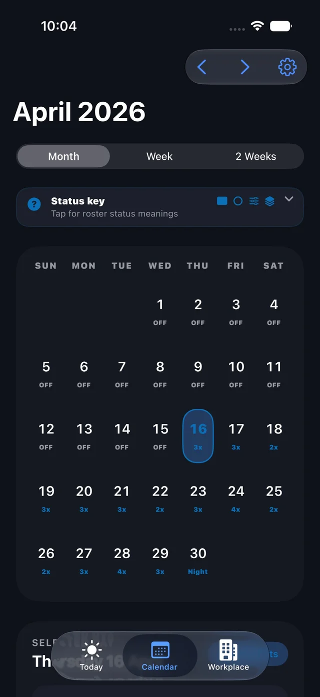 Shift Worker monthly calendar with rostered shifts.