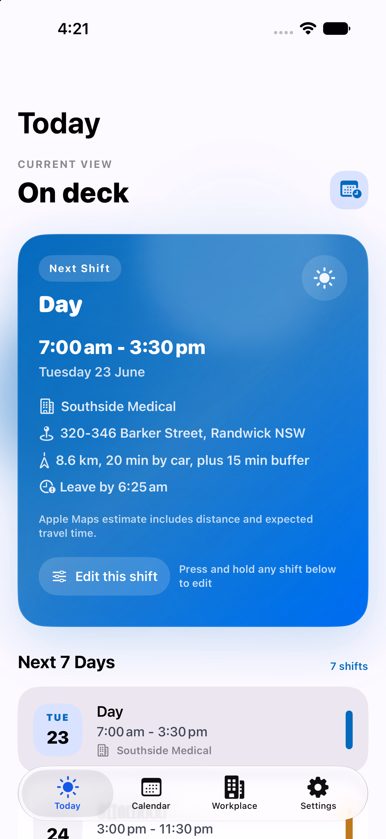 RosterEase Shift Worker Today screen showing the next shift and upcoming roster.