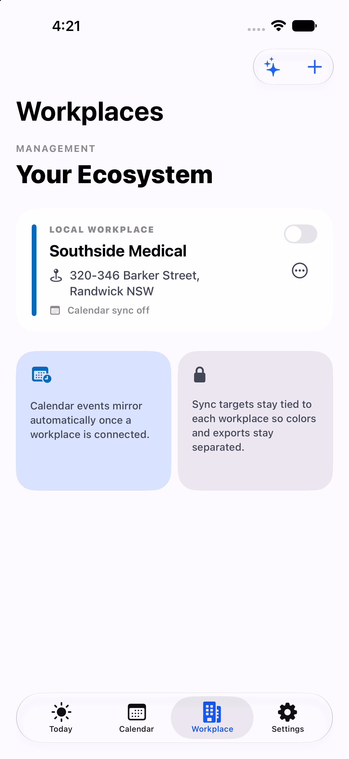 RosterEase Shift Worker Workplaces screen showing configured workplaces and shift setup.
