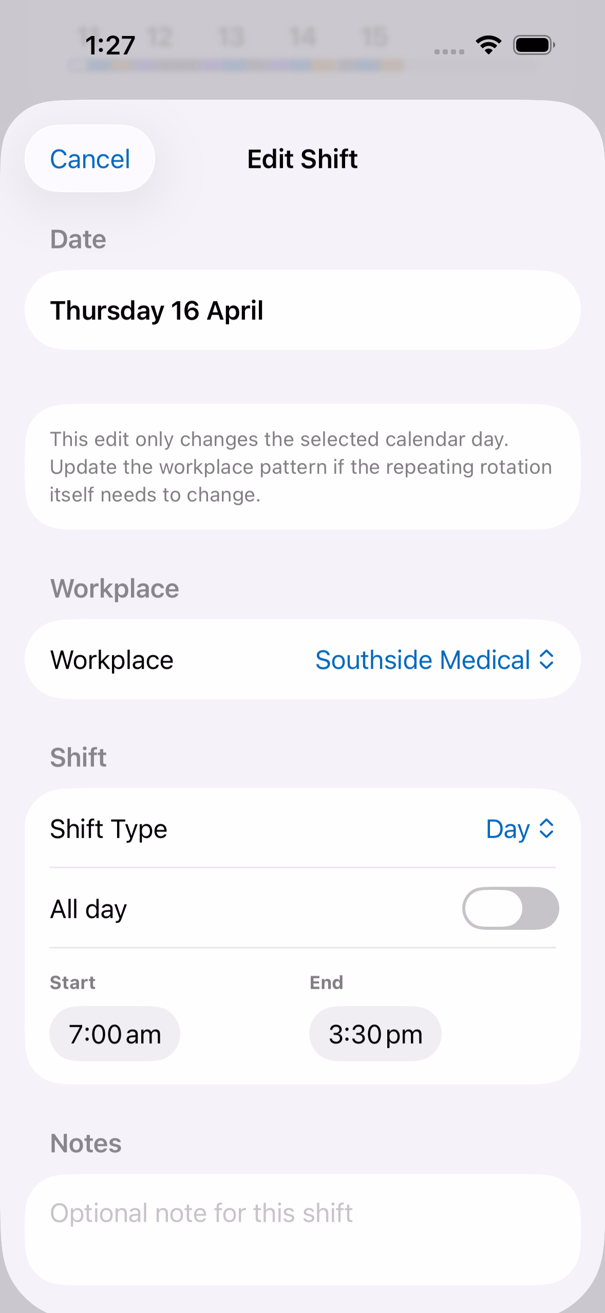 RosterEase edit shift screen showing a one-off shift exception with date, workplace, shift type, and times.